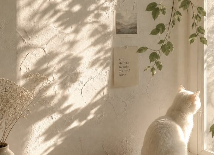 A white cat on a windowsill beside a note reading take the time to make your soul happy