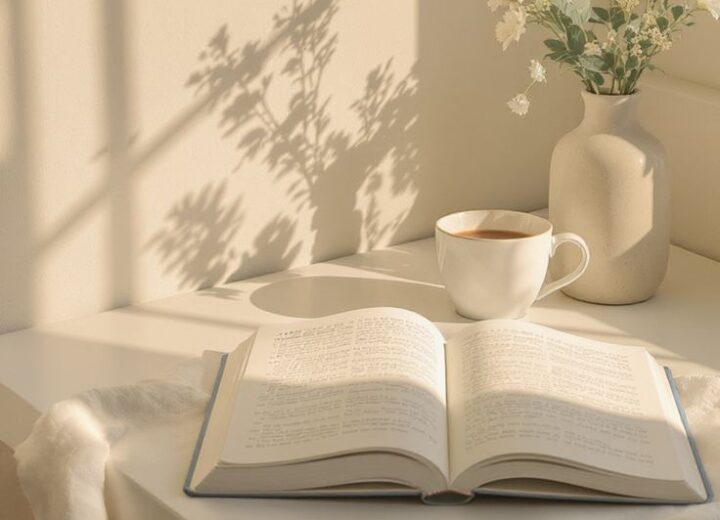 An open book and a cup of tea on a table in dappled window light