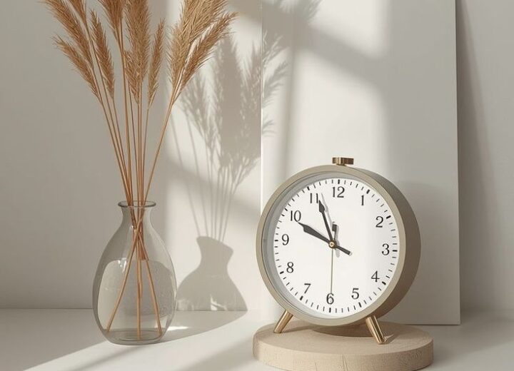 Dried pampas in a glass vase beside a desk clock in low afternoon light