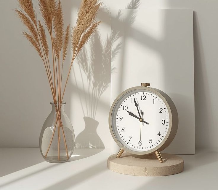Dried pampas in a glass vase beside a desk clock in low afternoon light