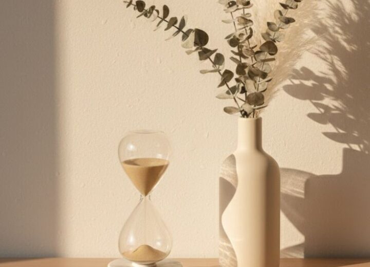 An hourglass beside a vase of eucalyptus casting a long shadow on a wall