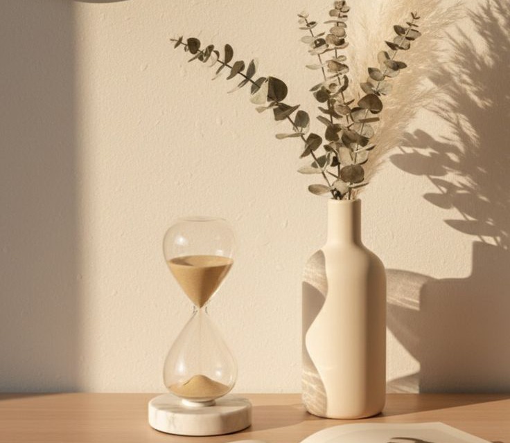 An hourglass beside a vase of eucalyptus casting a long shadow on a wall