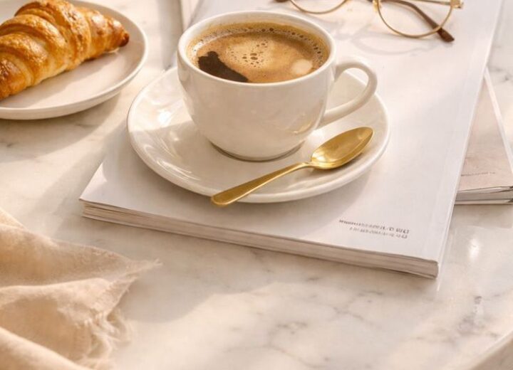 A coffee cup and gold spoon resting on a magazine on a marble table