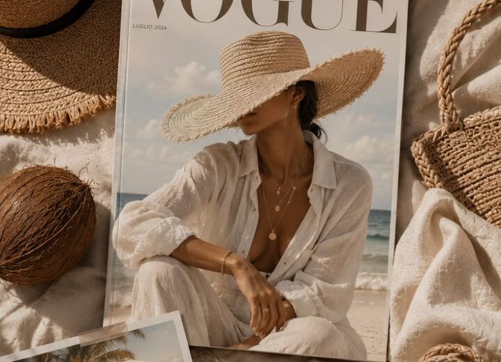 Vogue Italia issue styled on linen with a straw hat and woven bag