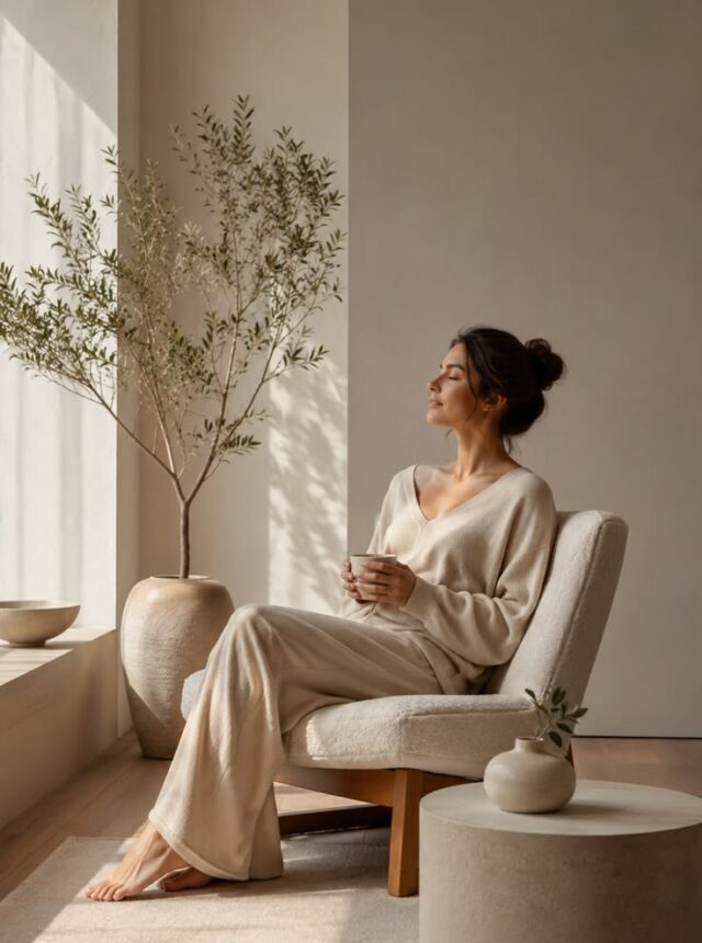 A woman in cream loungewear with a cup, beside an olive tree in a sunlit room