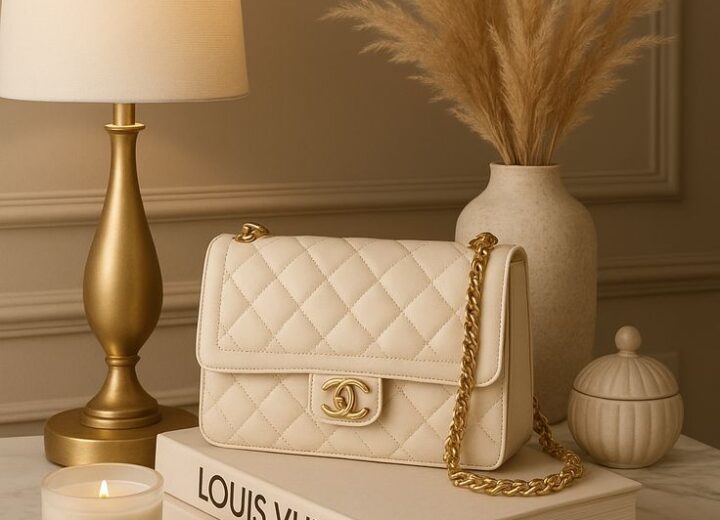 A cream quilted handbag on stacked art books beside a brass lamp